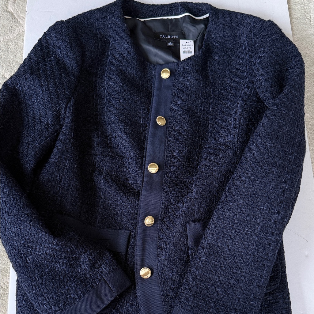Talbots Navy Textured Blazer With Gold Buttons